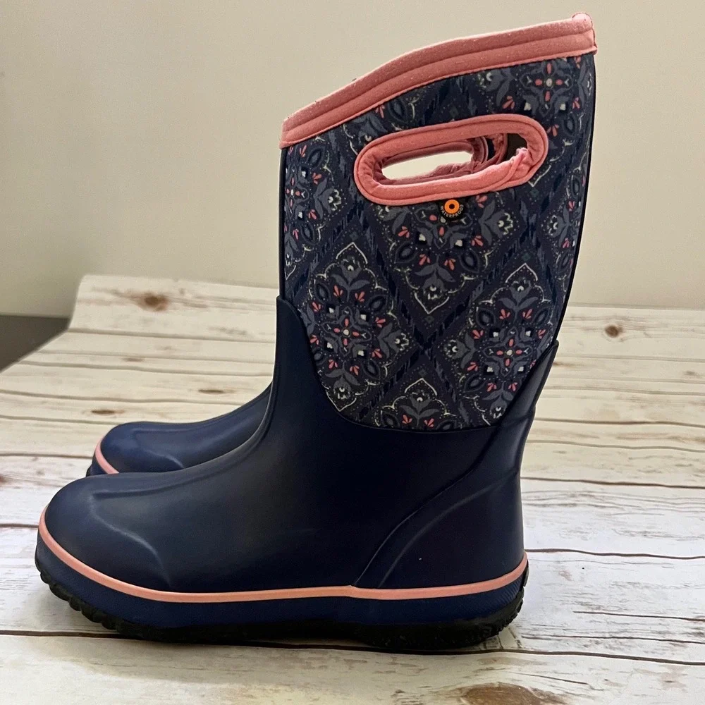 Bogs Classic Folkwood Waterproof Insulated Boots Navy Pink Youth 3 Women 5